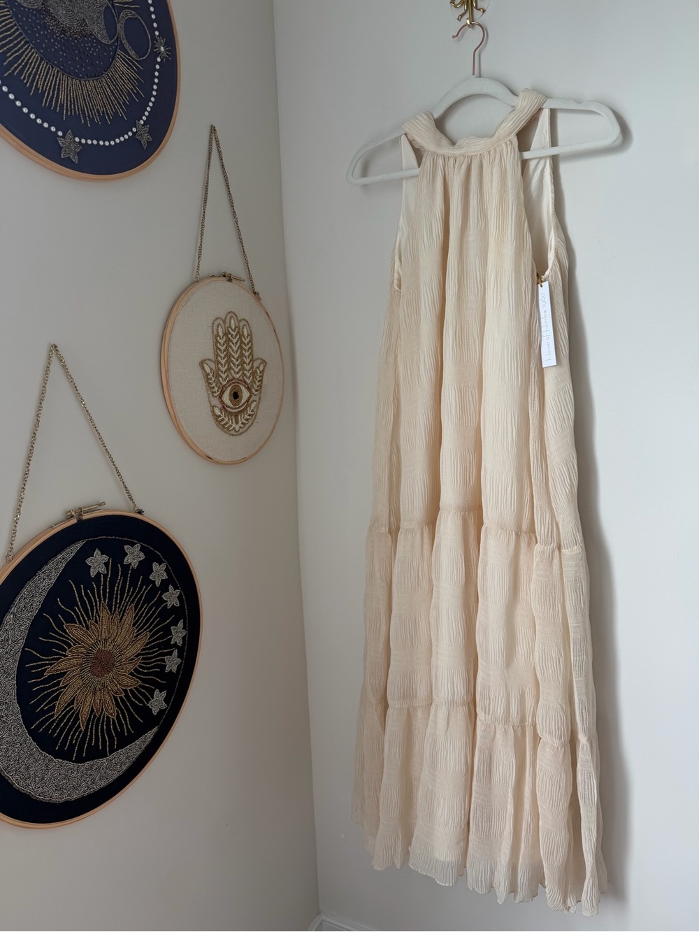 House of Harlow 1960 Cream Tiered Halter Maxi Dress with Pearl detail